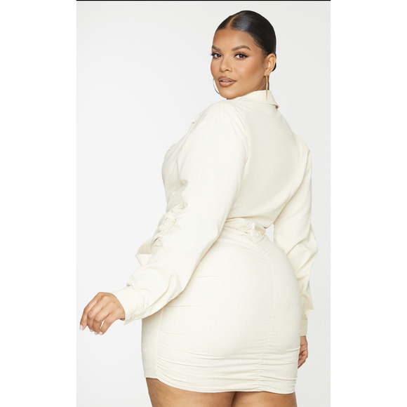 PLT PLUS CREAM WOVEN PLUNGE TWIST DETAIL SHIRT DRESS - Picture 4 of 5